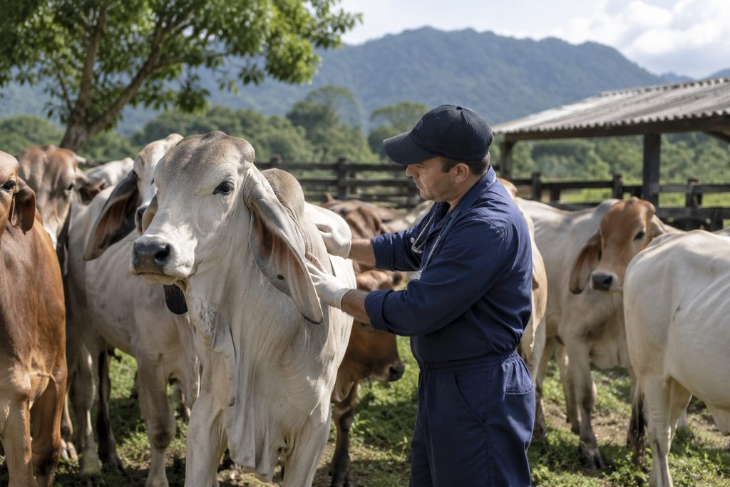 Veterinario examinando una vaca en una finca ganadera colombiana