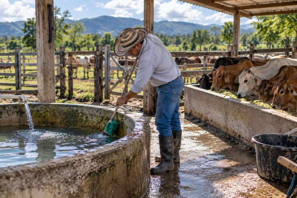 Limpieza de bebederos y comederos en una finca ganadera