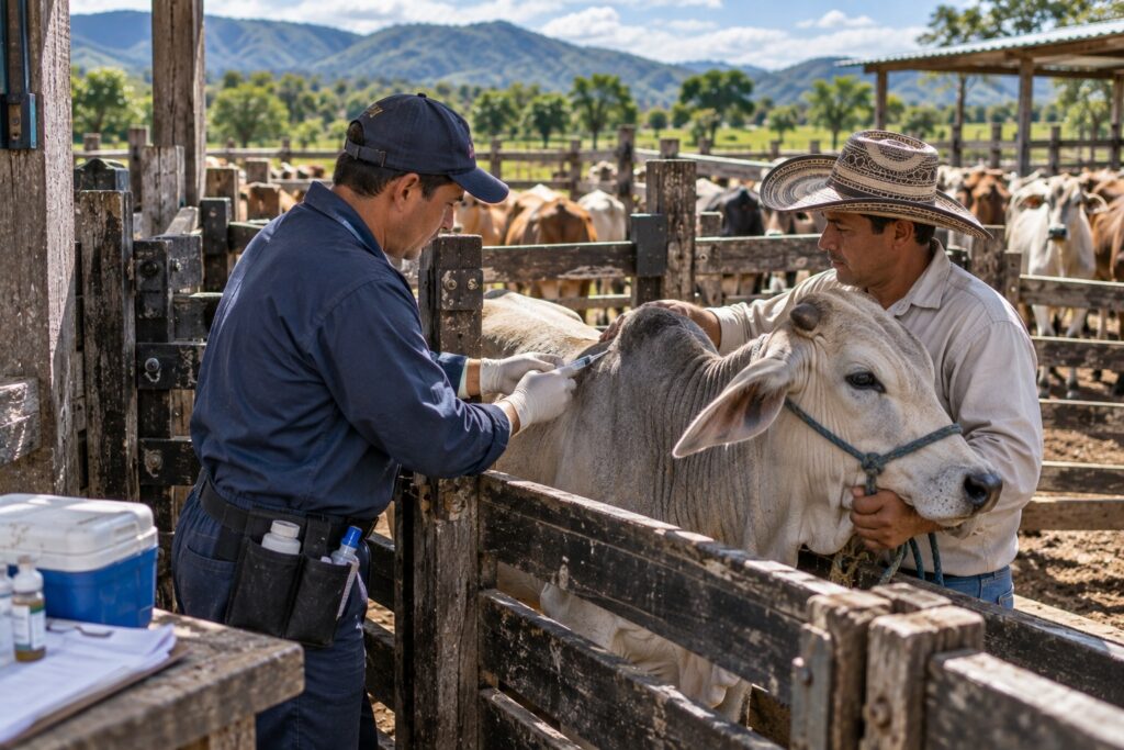 Vacunación preventiva de bovinos en una finca colombiana