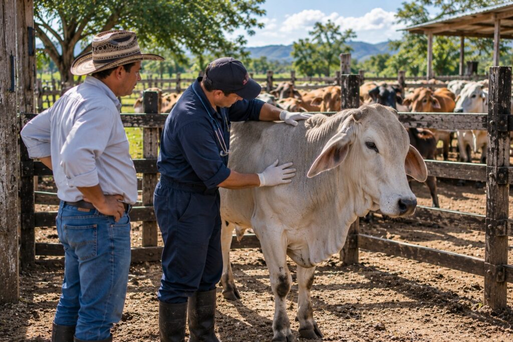 Veterinario revisando un bovino separado del hato