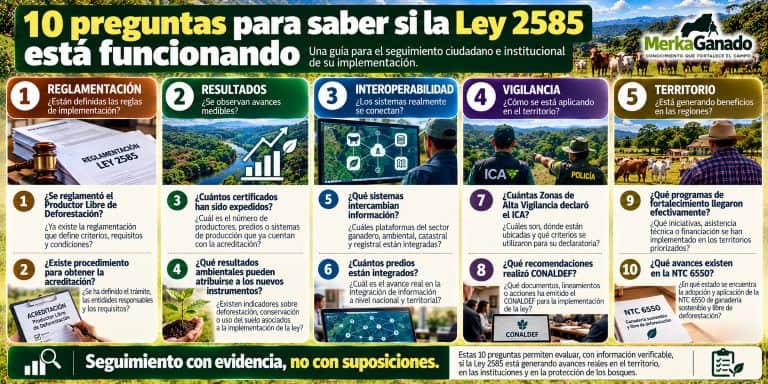 Infografía con diez preguntas para hacer seguimiento a la implementación de la Ley 2585 de 2026.