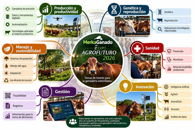 Mapa mental sobre los temas ganaderos de Expo Agrofuturo 2026 que seguirá MerkaGanado: producción, genética, manejo, sanidad, gestión e innovación.