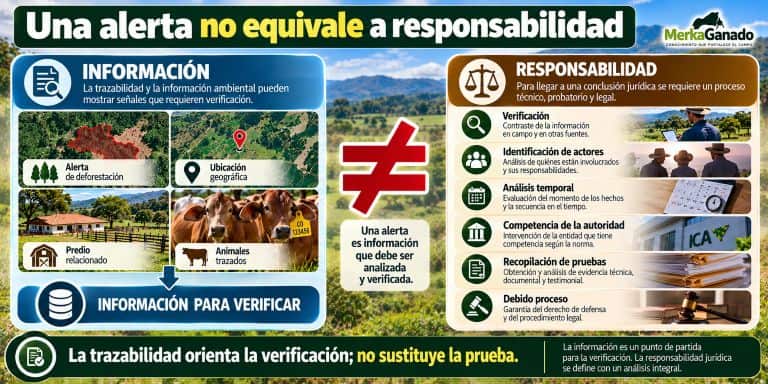 Infografía que diferencia una alerta de deforestación de la responsabilidad jurídica.