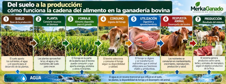 Infografía de la relación entre suelo, forraje, consumo, respuesta animal y producción bovina.