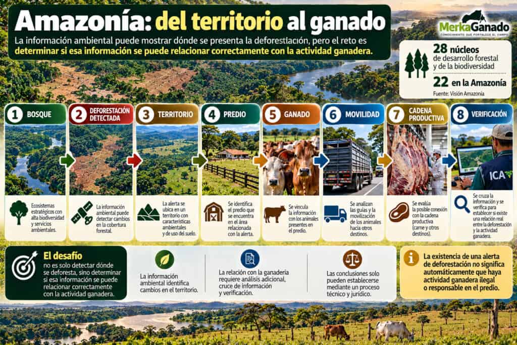 Infografía sobre la conexión entre deforestación, territorio, predio y ganado en la Amazonía colombiana.