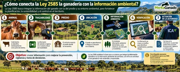 Infografía sobre la conexión entre animal, trazabilidad, predio e información ambiental establecida por la Ley 2585.