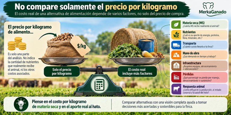 Infografía con criterios para comparar económicamente alternativas de alimentación bovina.