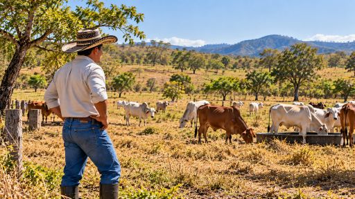 Productor ganadero revisando el ganado y las condiciones del potrero durante el fenómeno de El Niño en Colombia