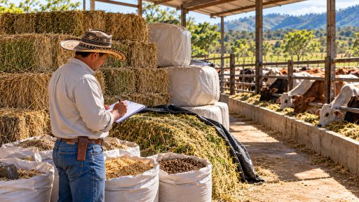 Productor revisando reservas de alimento durante una situación de escasez en la finca.