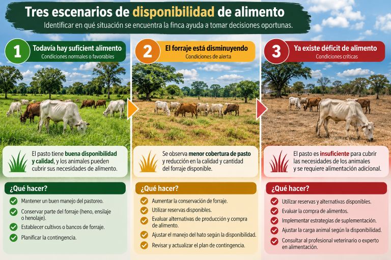 Infografía sobre tres escenarios de disponibilidad de alimento en una finca ganadera