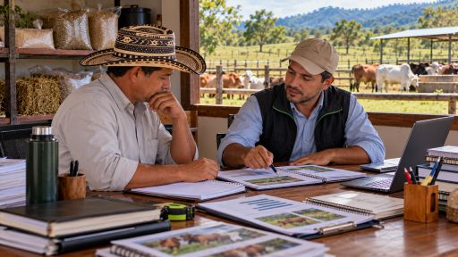 Productor y asesor evaluando alternativas de alimentación y manejo del hato.