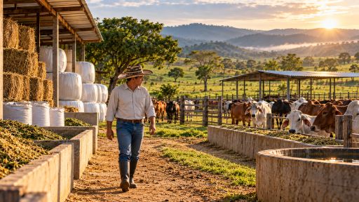 Productor recorriendo una finca ganadera preparada para enfrentar periodos de escasez de forraje.