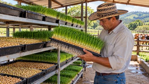 Sistema de Forraje Verde Hidropónico producido en bandejas para alimentación bovina.