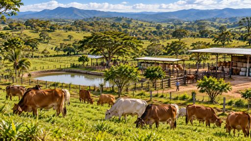 Ganadería bovina en Colombia representada en una finca donde interactúan bovinos, pasturas, agua e infraestructura productiva.