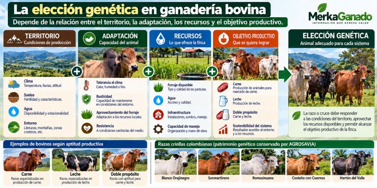 Infografía sobre la relación entre genética, adaptación, territorio y objetivo productivo en bovinos.