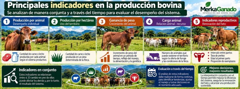 Infografía de indicadores para evaluar la productividad de una finca ganadera.