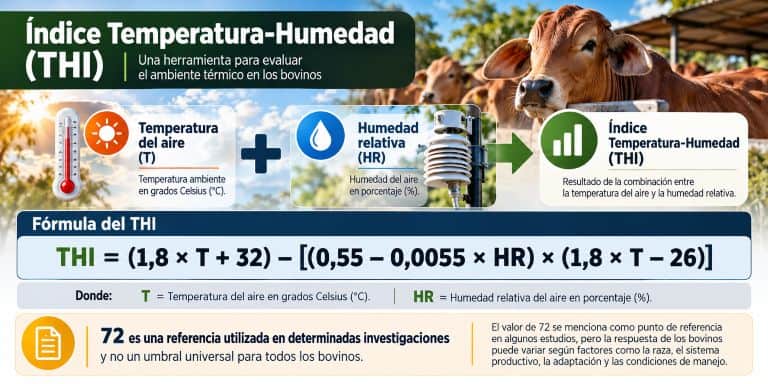 Infografía sobre el Índice Temperatura-Humedad THI para evaluar la carga térmica en bovinos