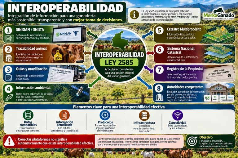 Infografía sobre la interoperabilidad entre sistemas ganaderos, ambientales, catastrales y registrales prevista por la Ley 2585.