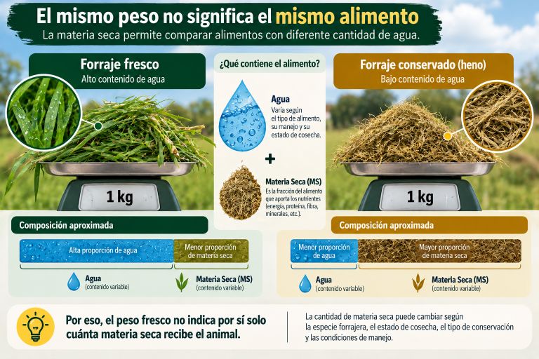 Infografía que explica la diferencia entre alimento fresco y materia seca en bovinos.