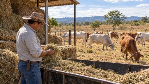 Productor ganadero revisando alternativas de alimentación durante una escasez de forraje.