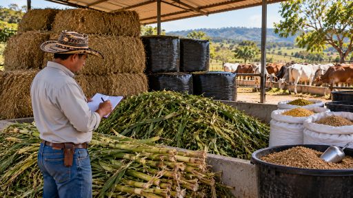 Productor organizando reservas y alternativas de alimentación para el ganado.