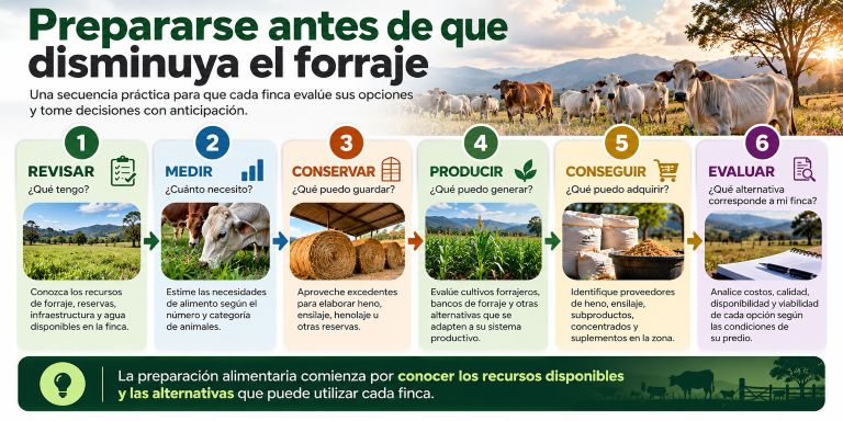 Infografía sobre planificación alimentaria para una finca ganadera ante una posible disminución del forraje