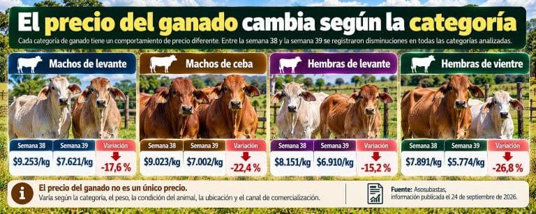 Comparación de precios del ganado por categoría entre las semanas 38 y 39 de 2026
