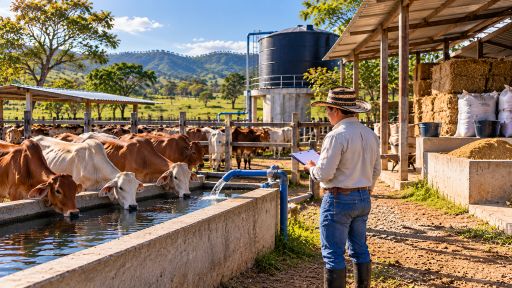 Productor revisando recursos de agua y alimentación en una finca ganadera preparada ante El Niño