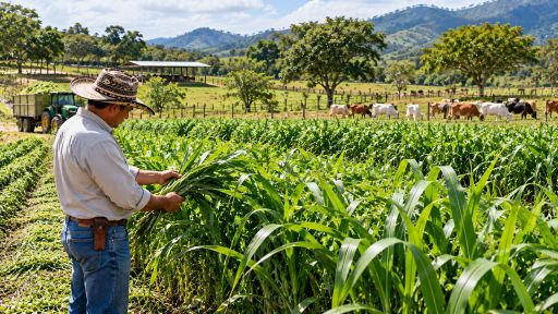 Productor revisando un área de producción de forraje para alimentar bovinos.