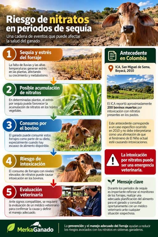 Infografía sobre el riesgo de intoxicación por nitratos en bovinos durante períodos de sequía