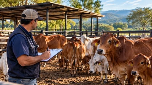 Productor y profesional veterinario observando el estado sanitario de bovinos