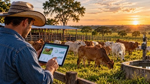 Productor ganadero utilizando datos y tecnología para tomar decisiones en la finca