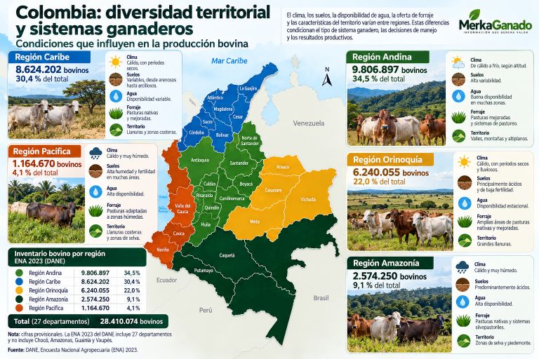Mapa de Colombia con distribución regional del ganado bovino según la ENA 2023 del DANE.