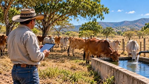 Productor ganadero observando bovinos y verificando las condiciones de agua y forraje